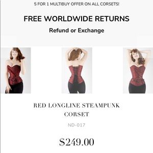 Corset Story Longline Steampunk Pirate  Overbust Corset Size 46 In Red NWT